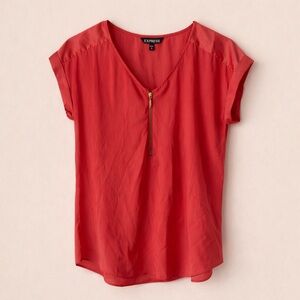 Express Blouse Size Medium Zip Front Cap Sleeve Coral Red